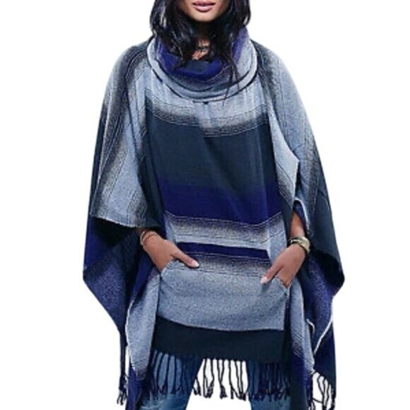 Free People Boho Desert Dream Cowl Neck Fringe Poncho Serape Purple Blue Gray OS - Picture 1 of 10